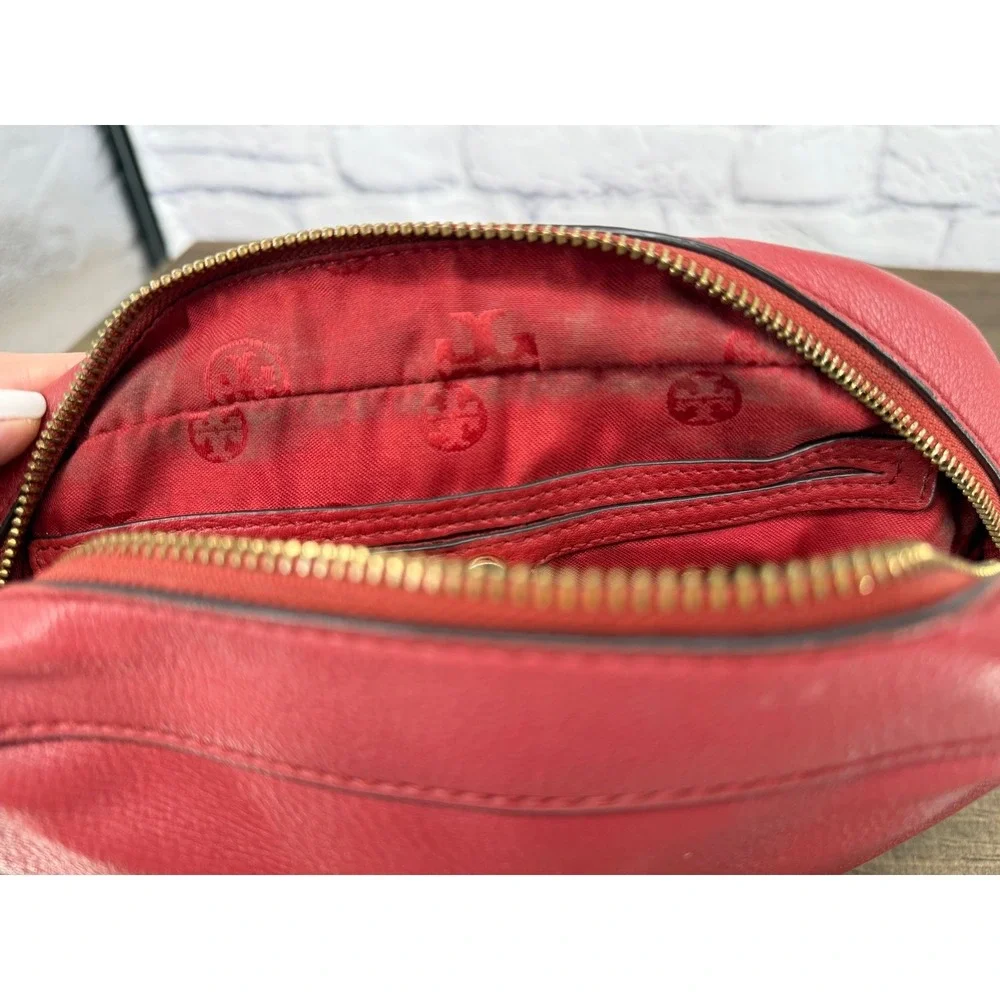 Tory Burch Thea Camera Bag Burgundy Red Pebbled‎ Leather Crossbody Tassel Purse